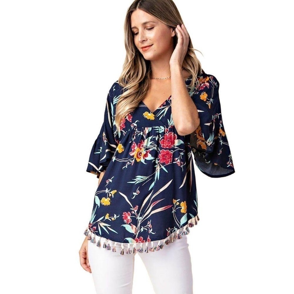 Kori America Navy Floral Pom Pom Boho Top- small
